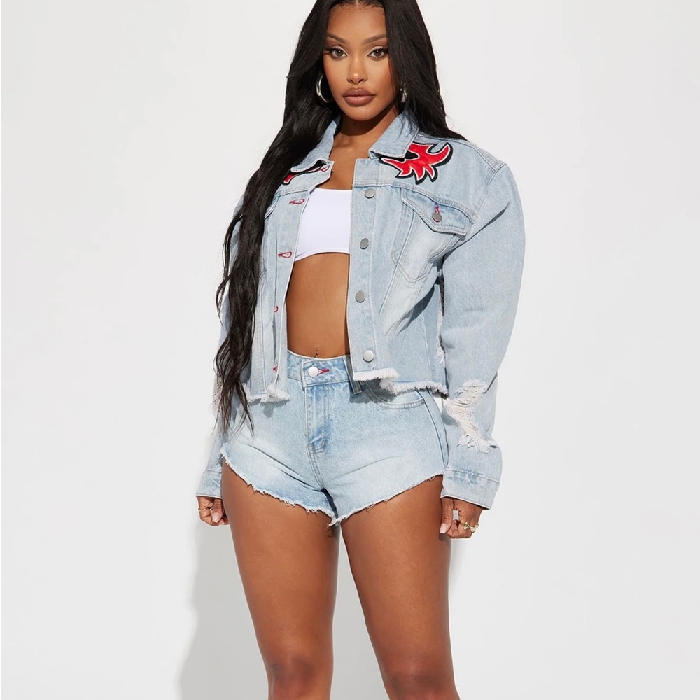 Fashion Nova Denim Jacket with Red Accent